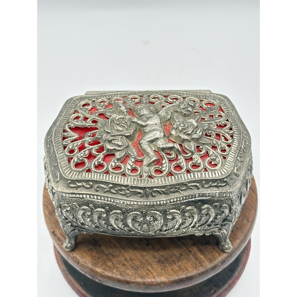 Vintage Filagree Footed Jewelry Box Casket Ornate Angel Red Velvet Lining Japan